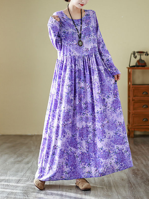 Linen Dress Wrap - Vestido largo de cuello redondo estilo