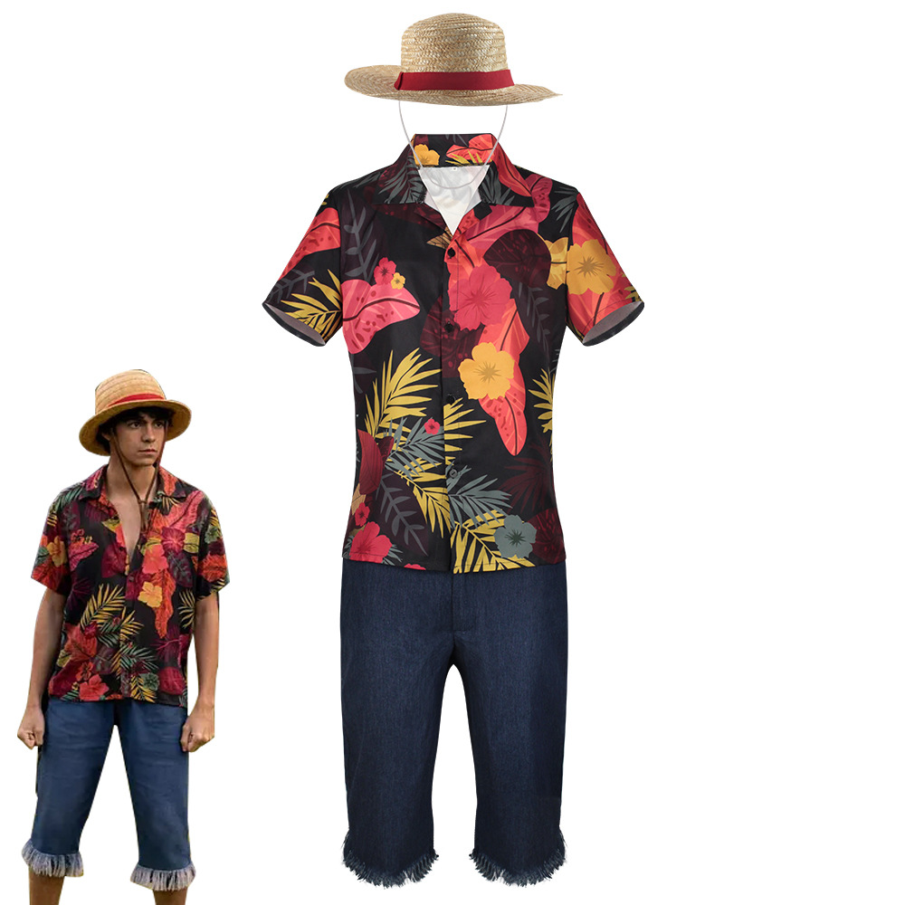 Shorts Denim Frayed - Conjunto de Camisa Floral Tropical y