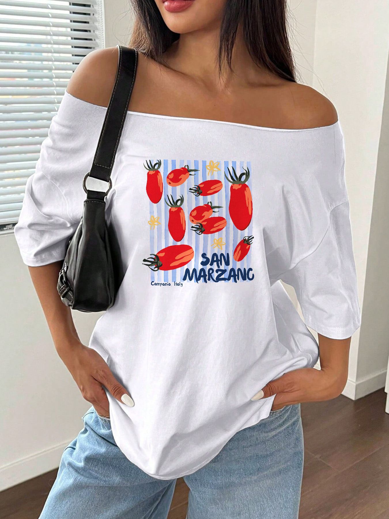 Blouse Off Shoulder - Camiseta Holgada con Estampado de Tomate