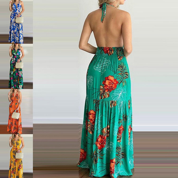 Maxi Dress Halter - Vestido Maxi Floral Largo sin Espalda,