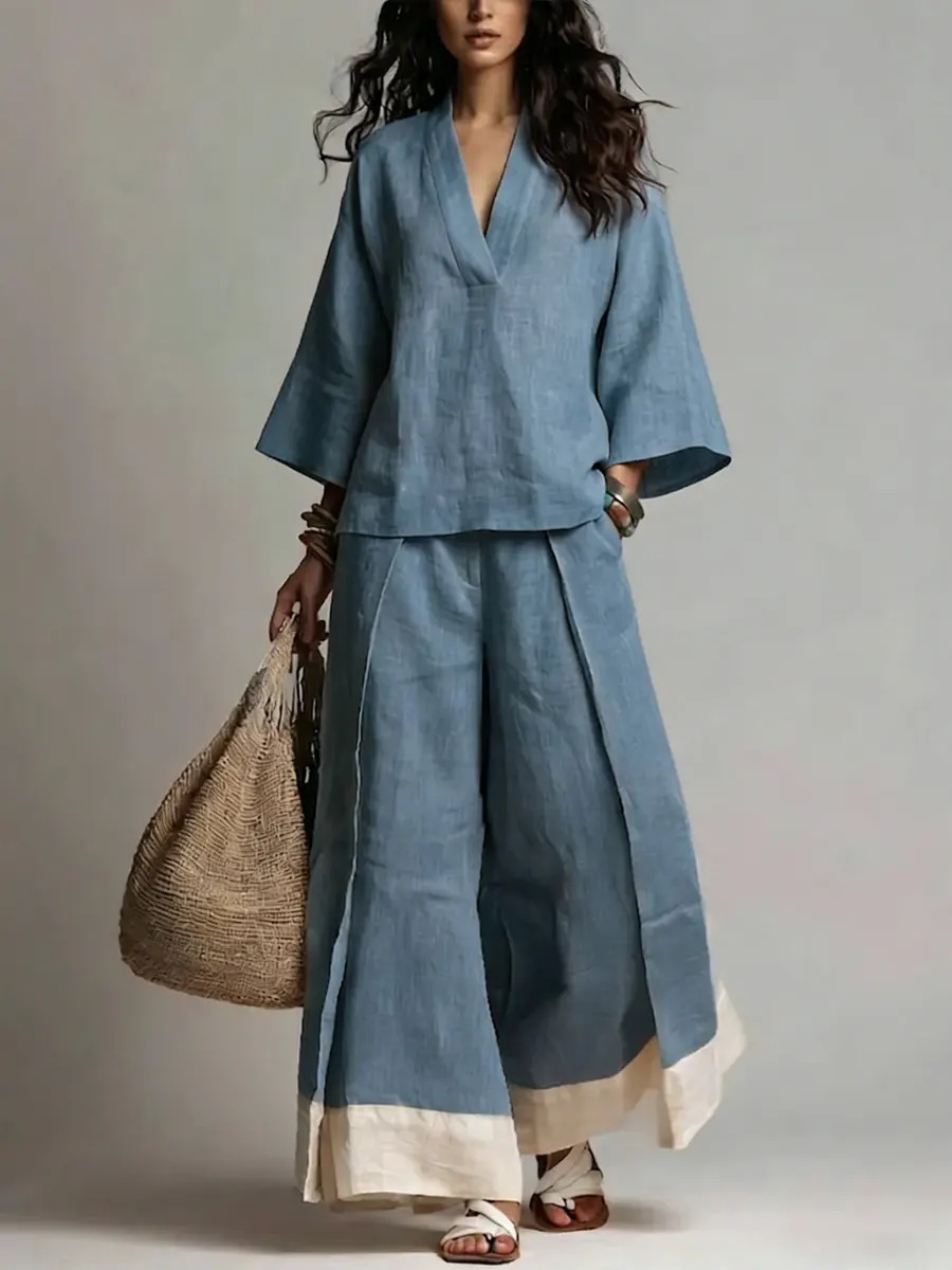 Linen Pant Wide - Conjunto de Verano para Mujer, Cuello