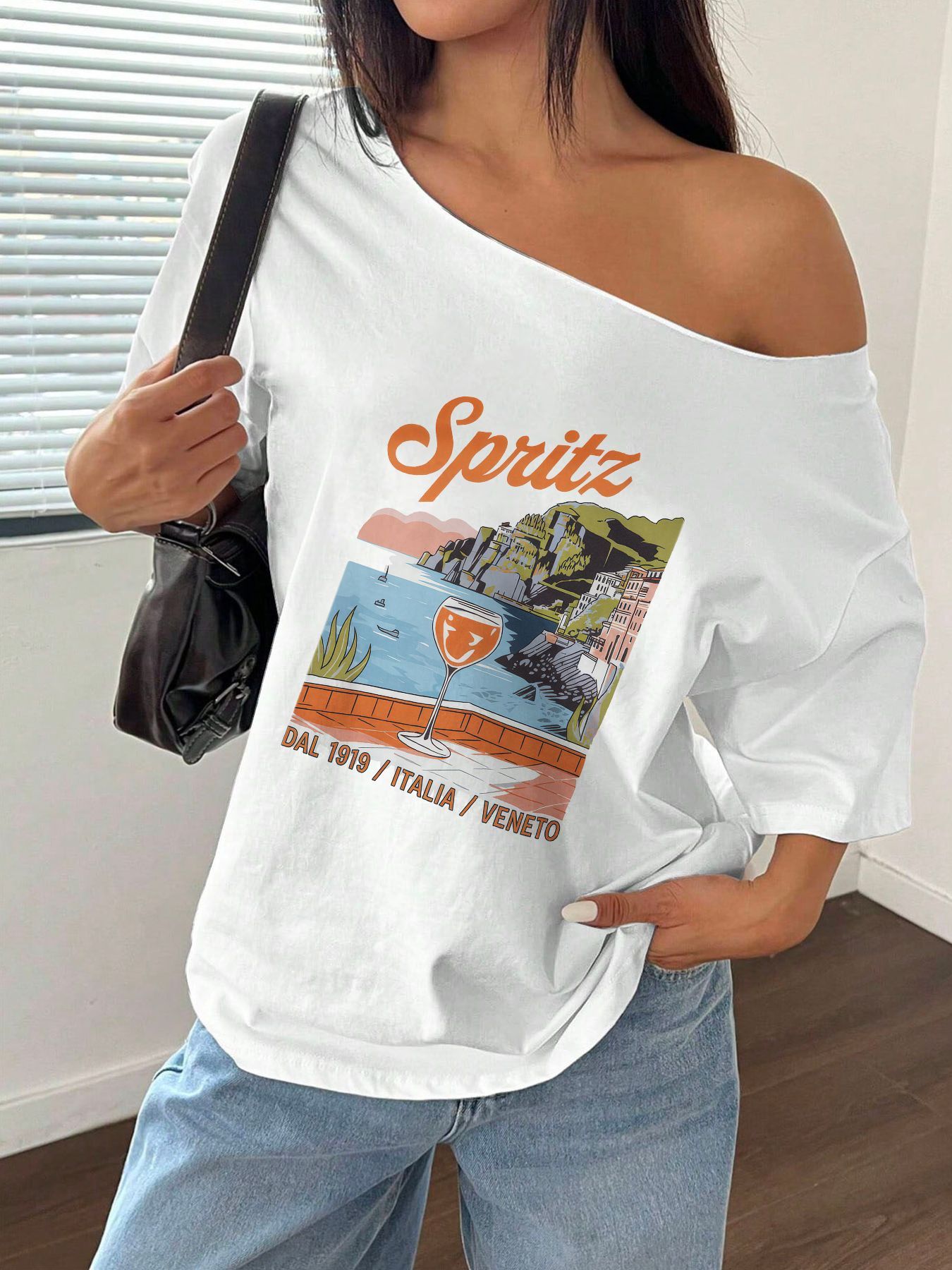 Blouse Off Shoulder - Camiseta Holgada con Estampado de Paisaje