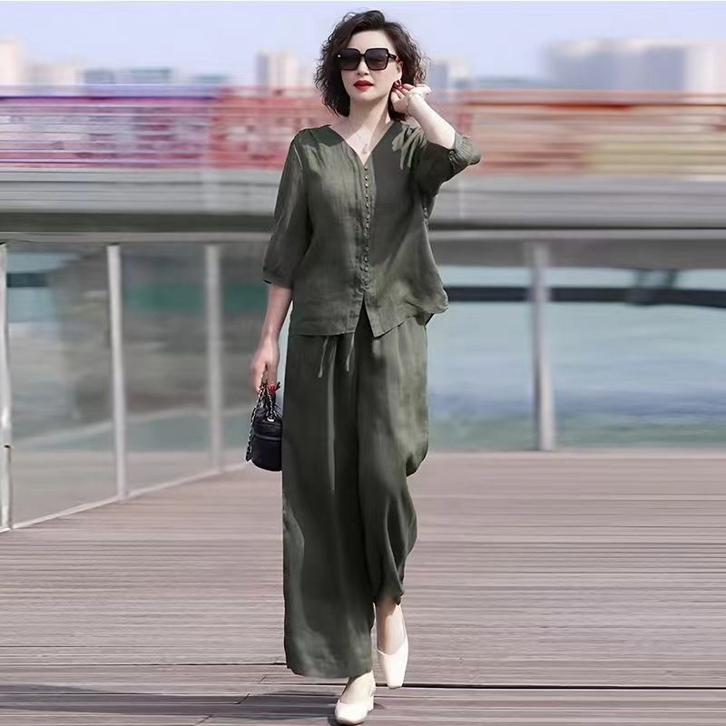 Linen Pant Wide - Conjunto de dos piezas de algodón
