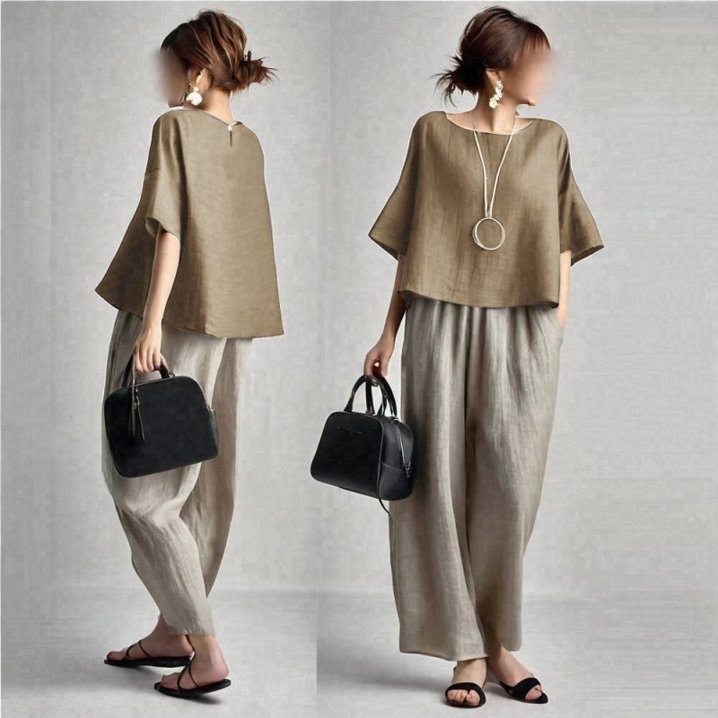 Linen Pant Wide - Conjunto de Dos Piezas para Mujer,