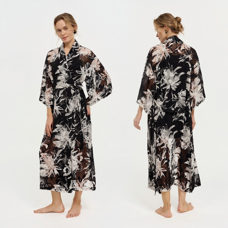Kimono Sheer Floral - Bata de baño larga de gasa